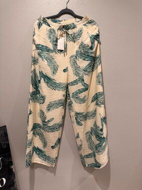 Skies Are Blue Cream Wide-Leg Pants with Teal Palm Print